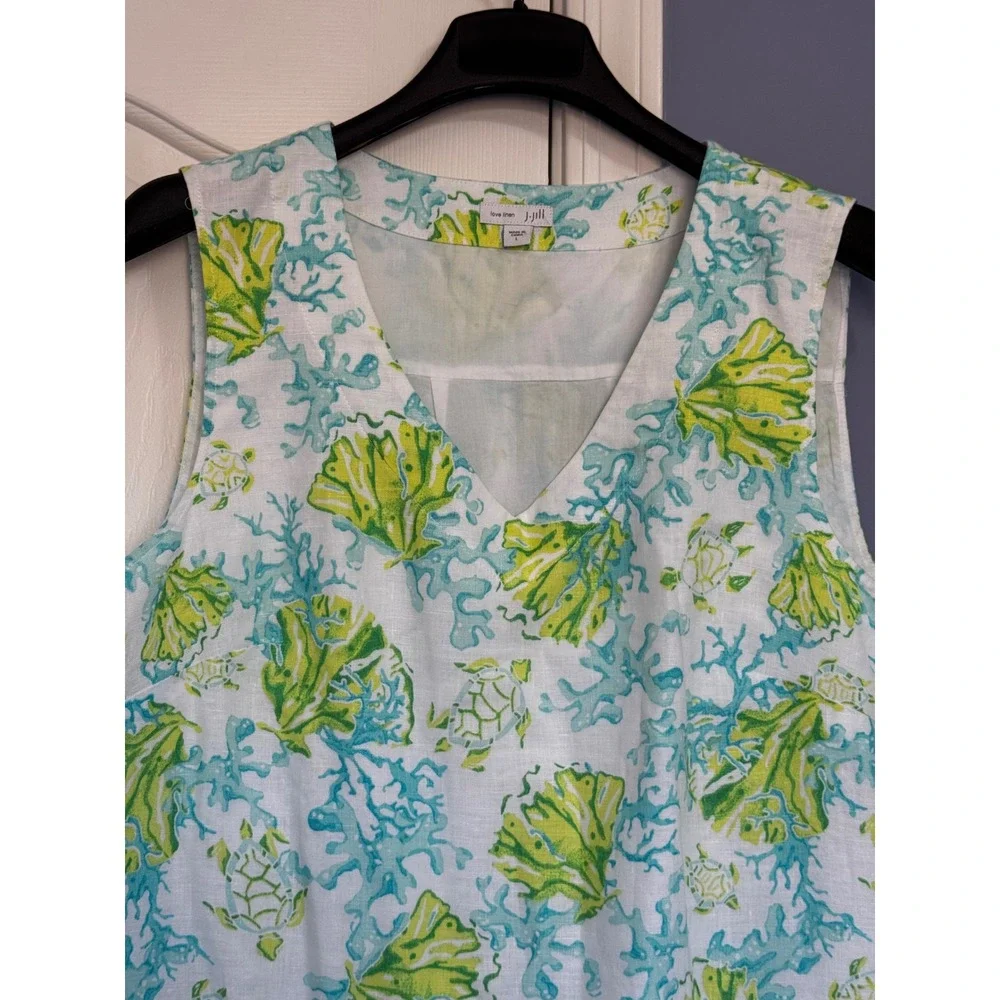 J. Jill Love Linen Sea Turtle Coral Print V-Neck Shift Dress Blue Green Large